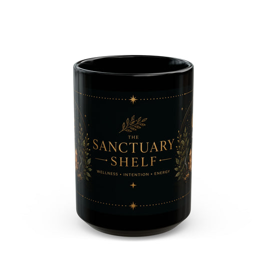 Sanctuary Shelf Black Mug – Crystal & Candle Spiritual Coffee Cup (11oz/15oz)