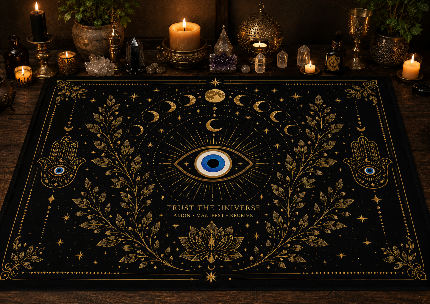 Mystic Eye Wall Tapestry/Altar Cloth 36x26" — Gold Moon Phases & 'Trust the Universe' Boho Decor