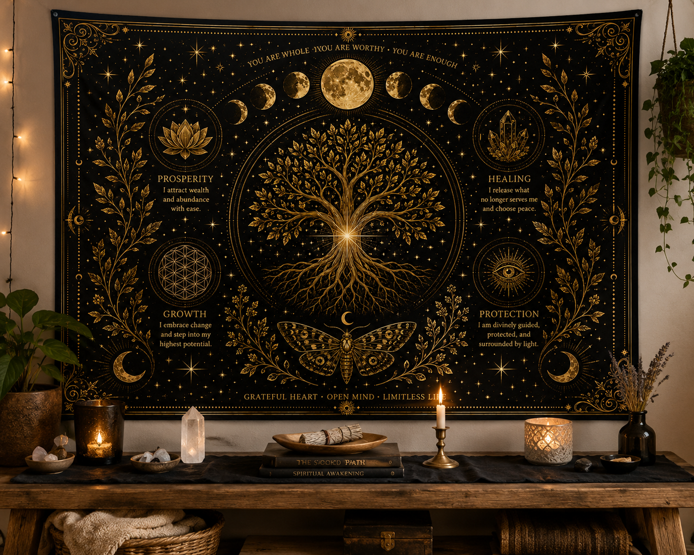 Celestial Tree of Life Tapestry/Altar Cloth 36x26”— Moon Phase Wall Hanging for Meditation & Boho Home Décor