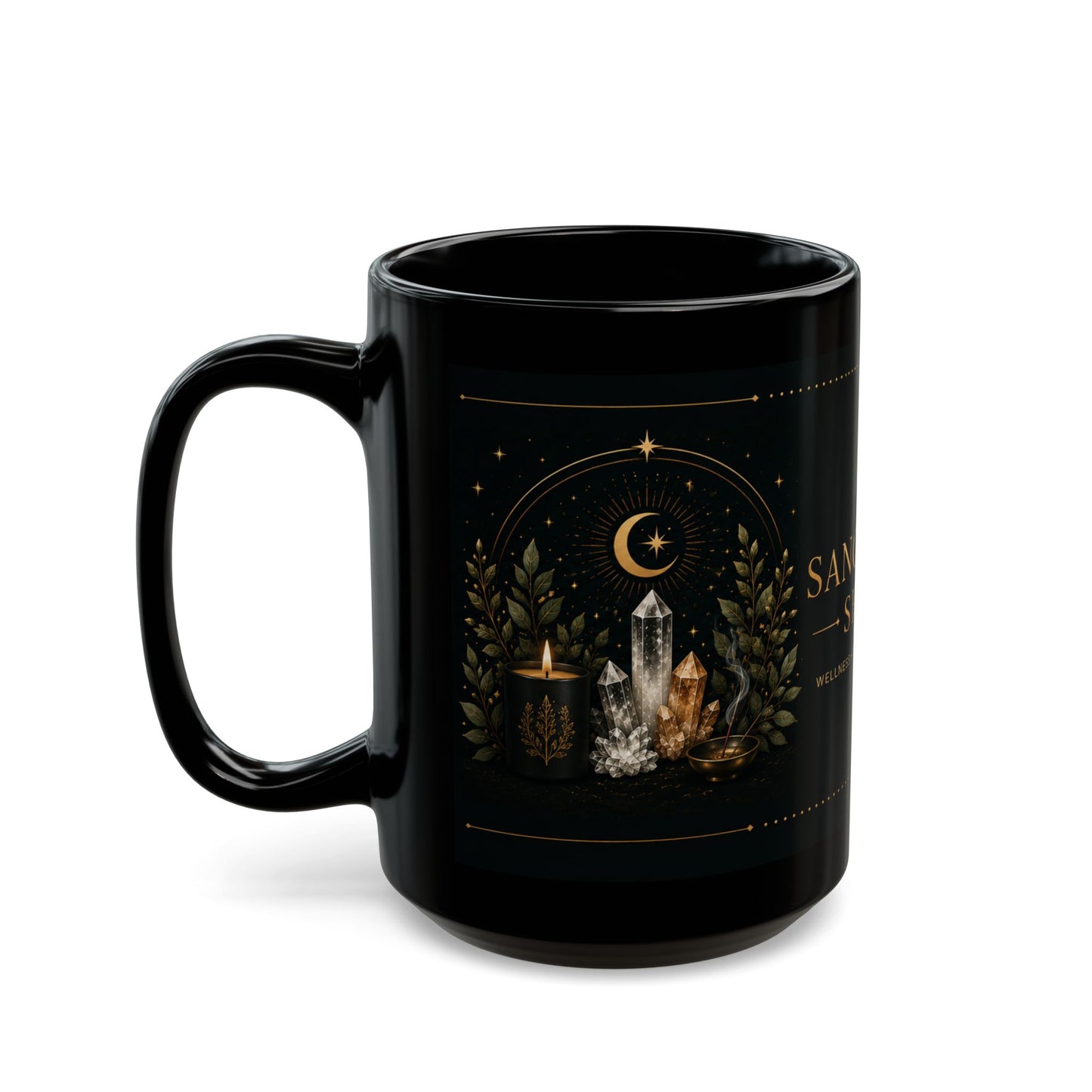 Sanctuary Shelf Black Mug – Crystal & Candle Spiritual Coffee Cup (11oz/15oz)