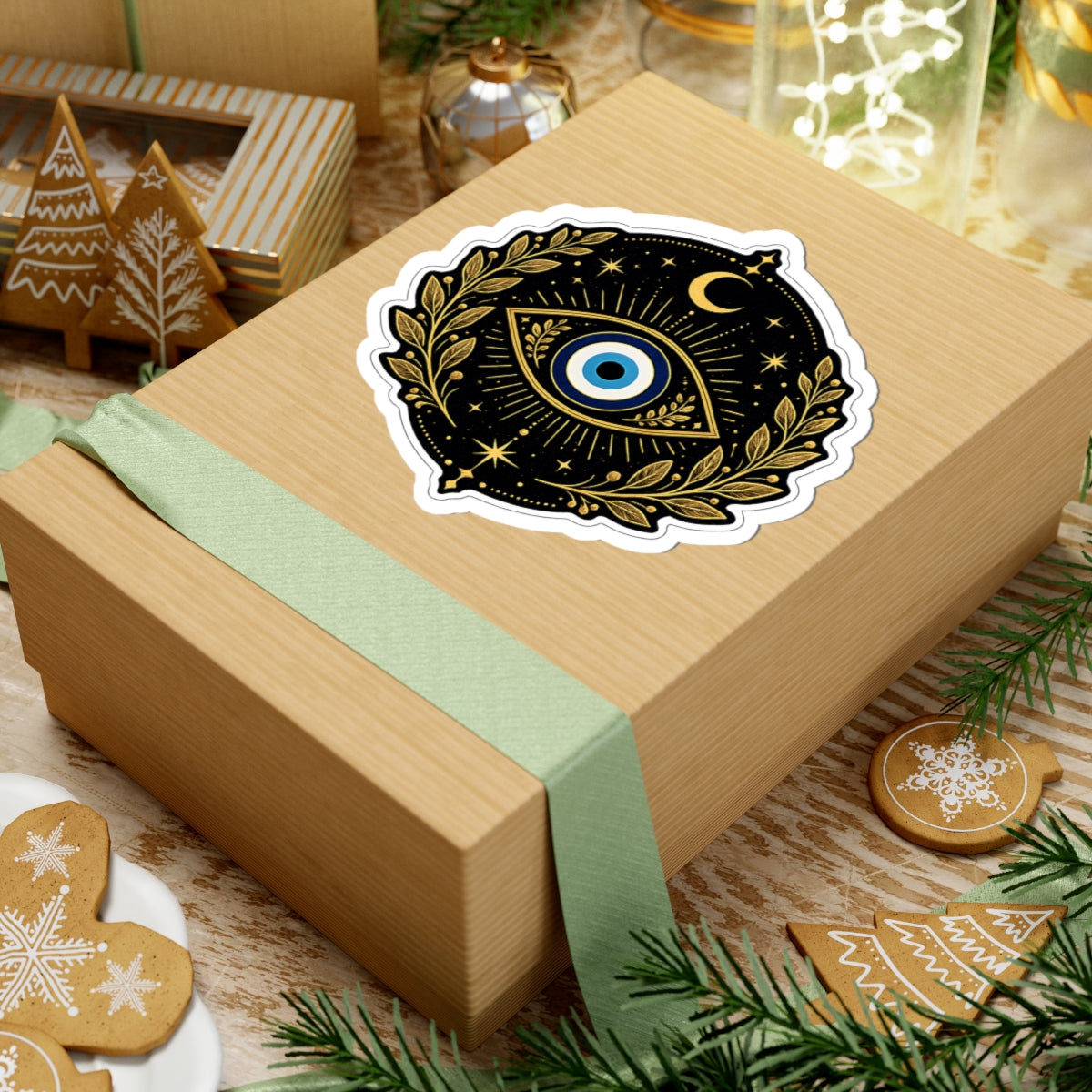 Evil Eye Mystic Sticker — Gold Laurel Celestial Kiss-Cut Vinyl