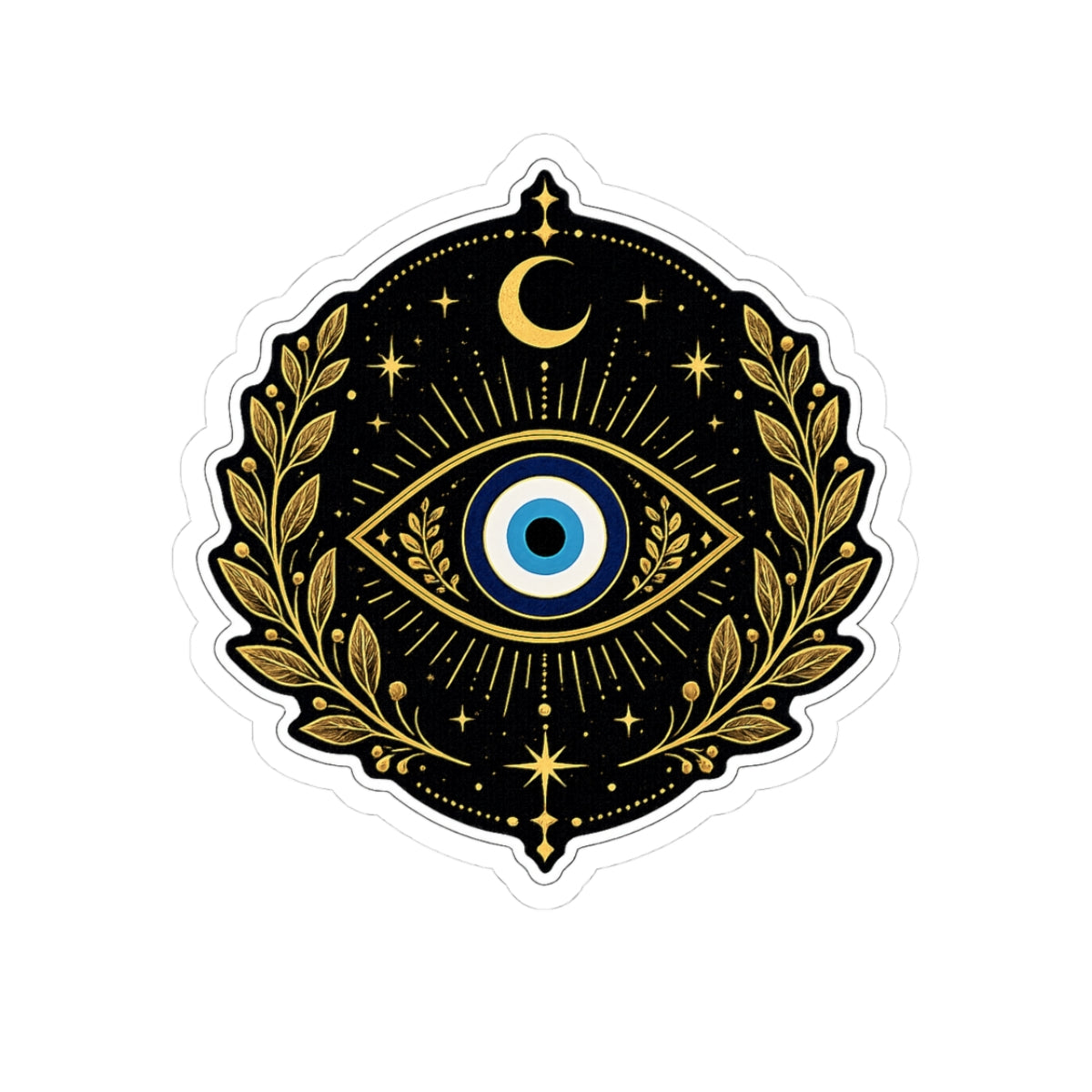 Evil Eye Mystic Sticker — Gold Laurel Celestial Kiss-Cut Vinyl