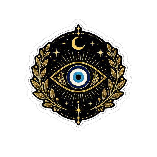 Evil Eye Mystic Sticker — Gold Laurel Celestial Kiss-Cut Vinyl