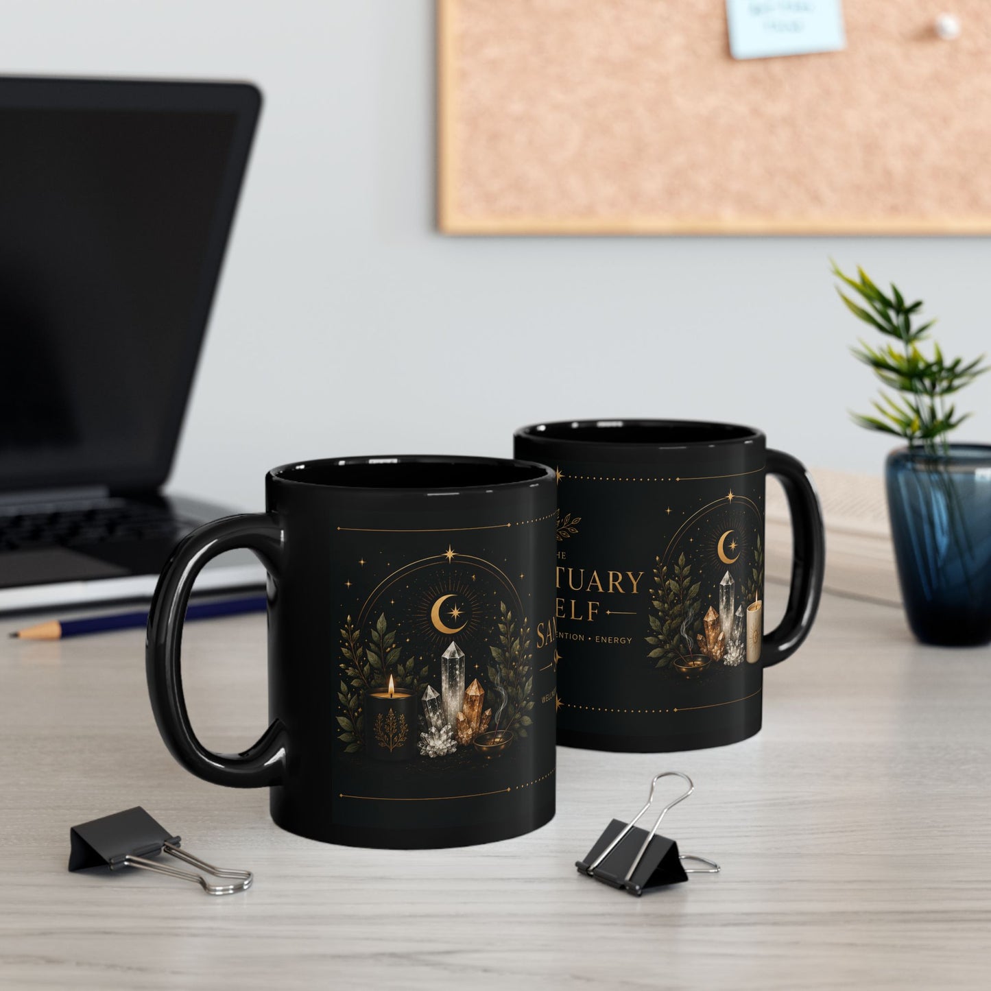 Sanctuary Shelf Black Mug – Crystal & Candle Spiritual Coffee Cup (11oz/15oz)