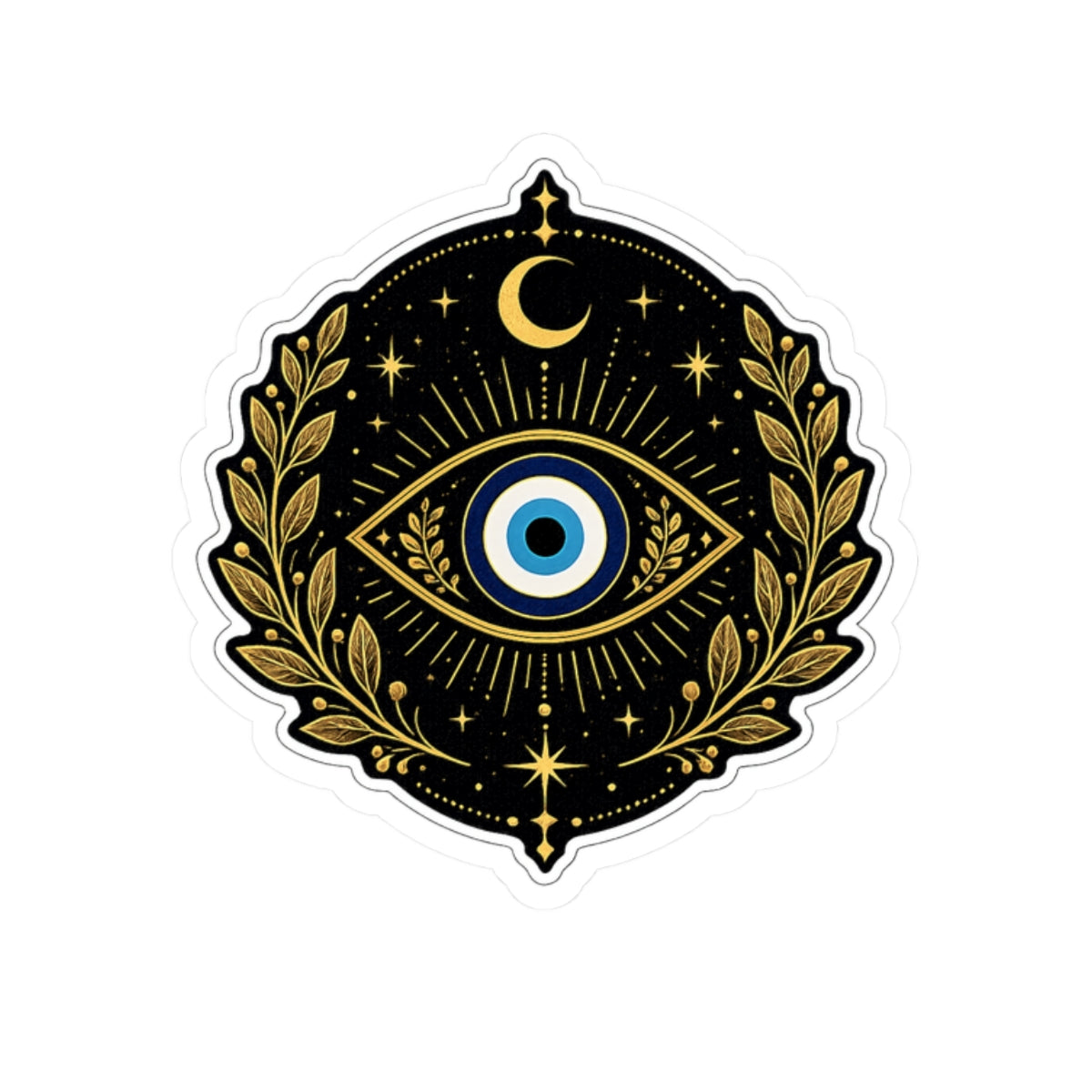 Evil Eye Mystic Sticker — Gold Laurel Celestial Kiss-Cut Vinyl