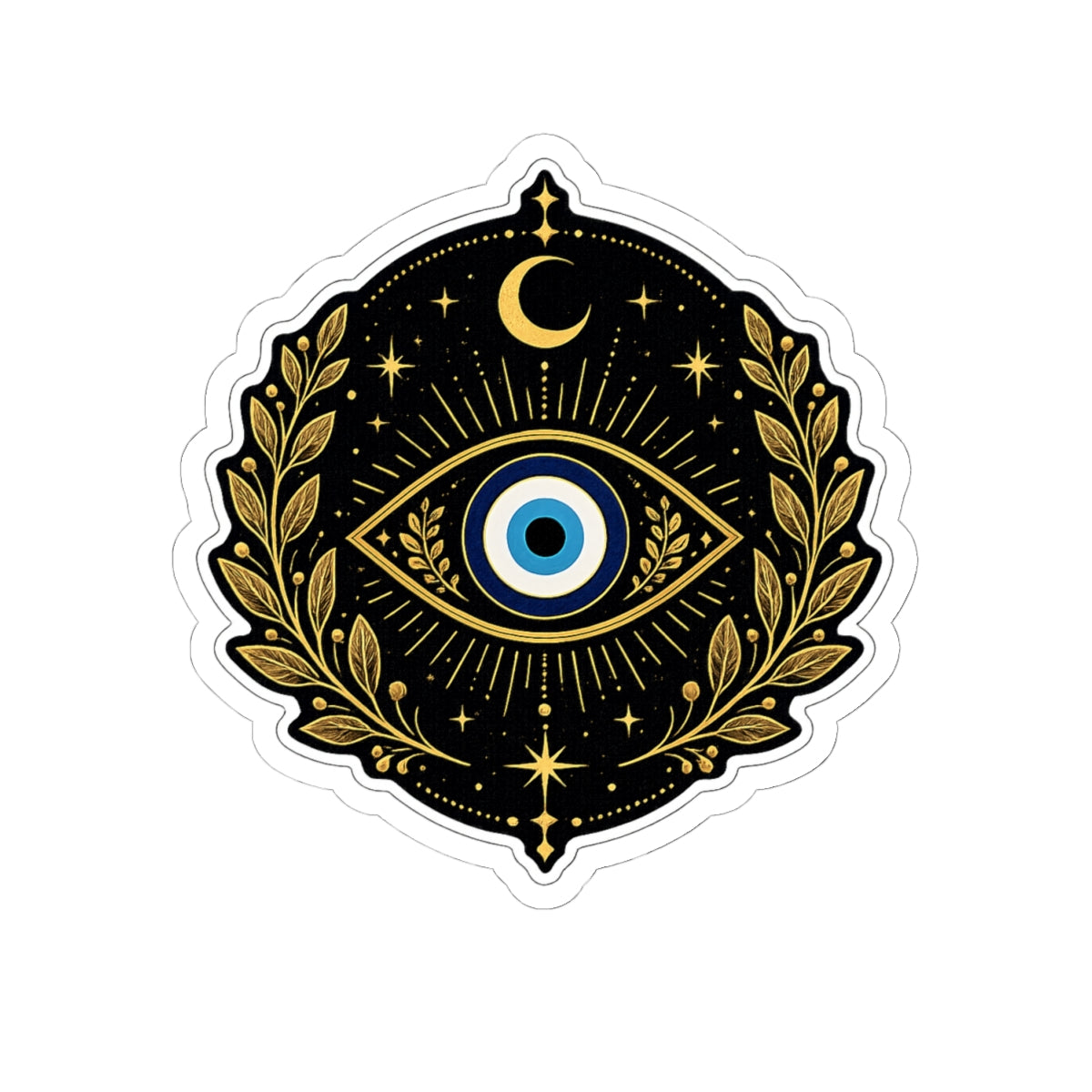 Evil Eye Mystic Sticker — Gold Laurel Celestial Kiss-Cut Vinyl