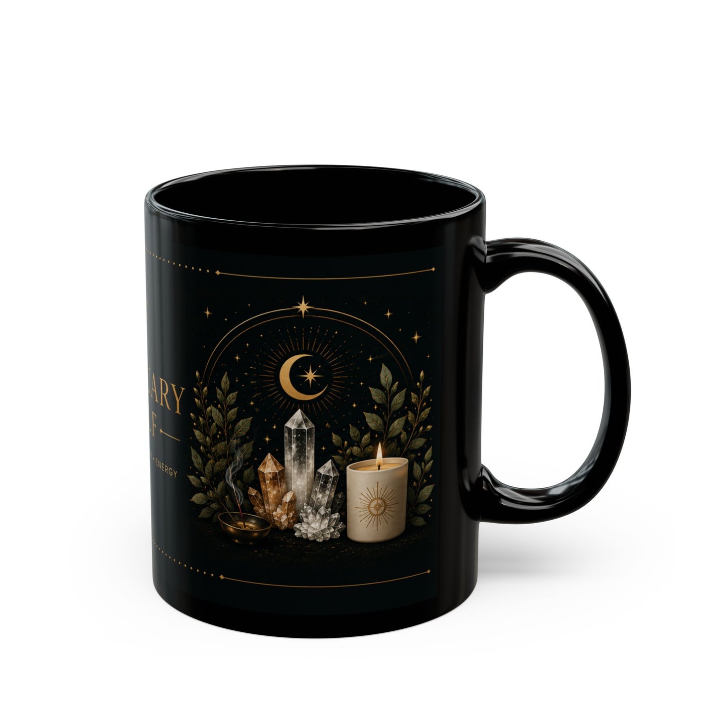 Sanctuary Shelf Black Mug – Crystal & Candle Spiritual Coffee Cup (11oz/15oz)