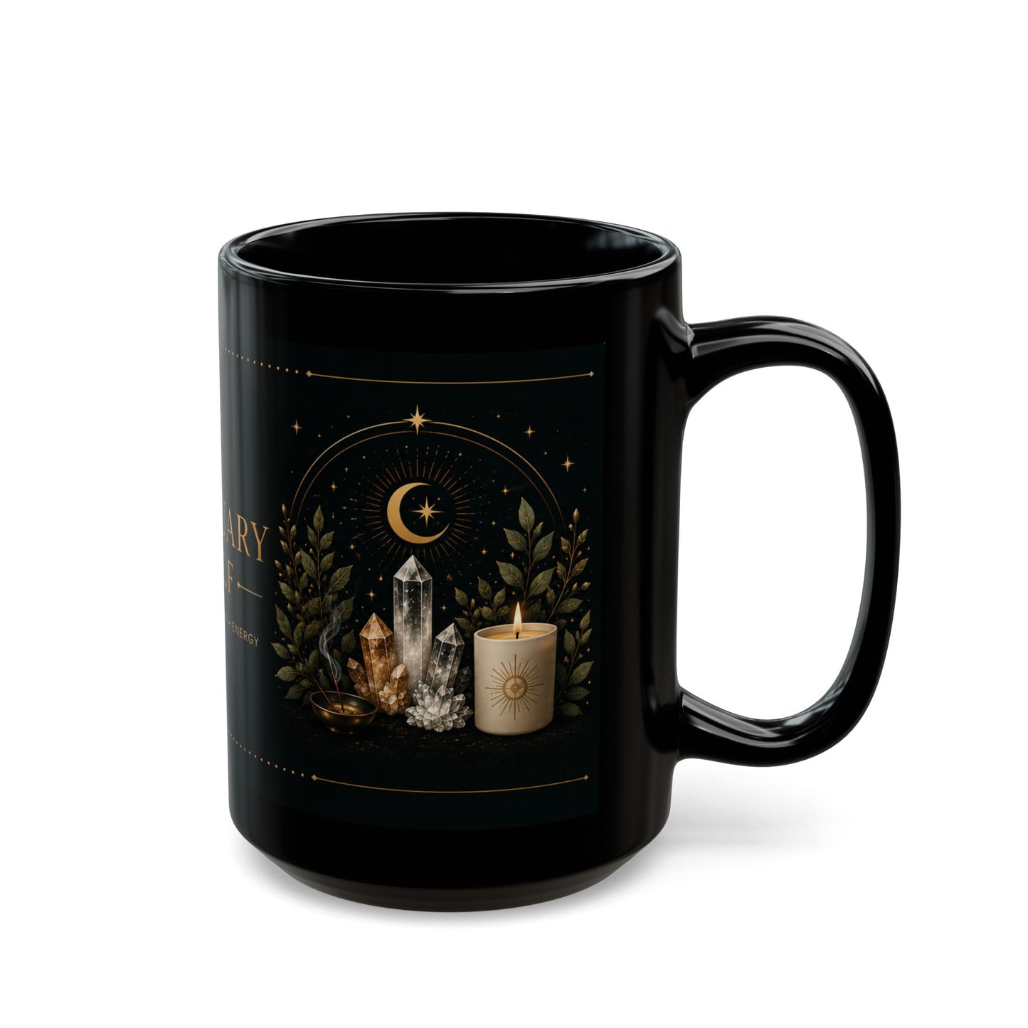 Sanctuary Shelf Black Mug – Crystal & Candle Spiritual Coffee Cup (11oz/15oz)