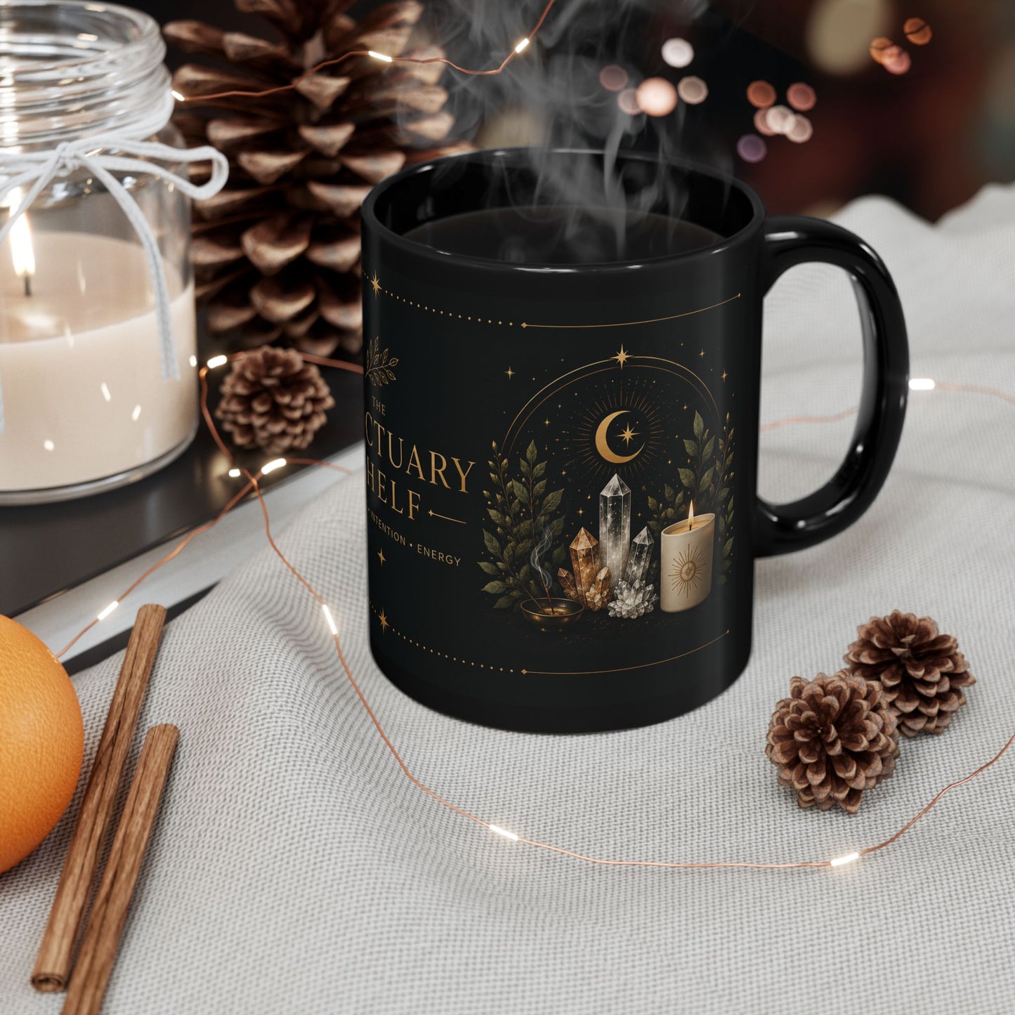 Sanctuary Shelf Black Mug – Crystal & Candle Spiritual Coffee Cup (11oz/15oz)