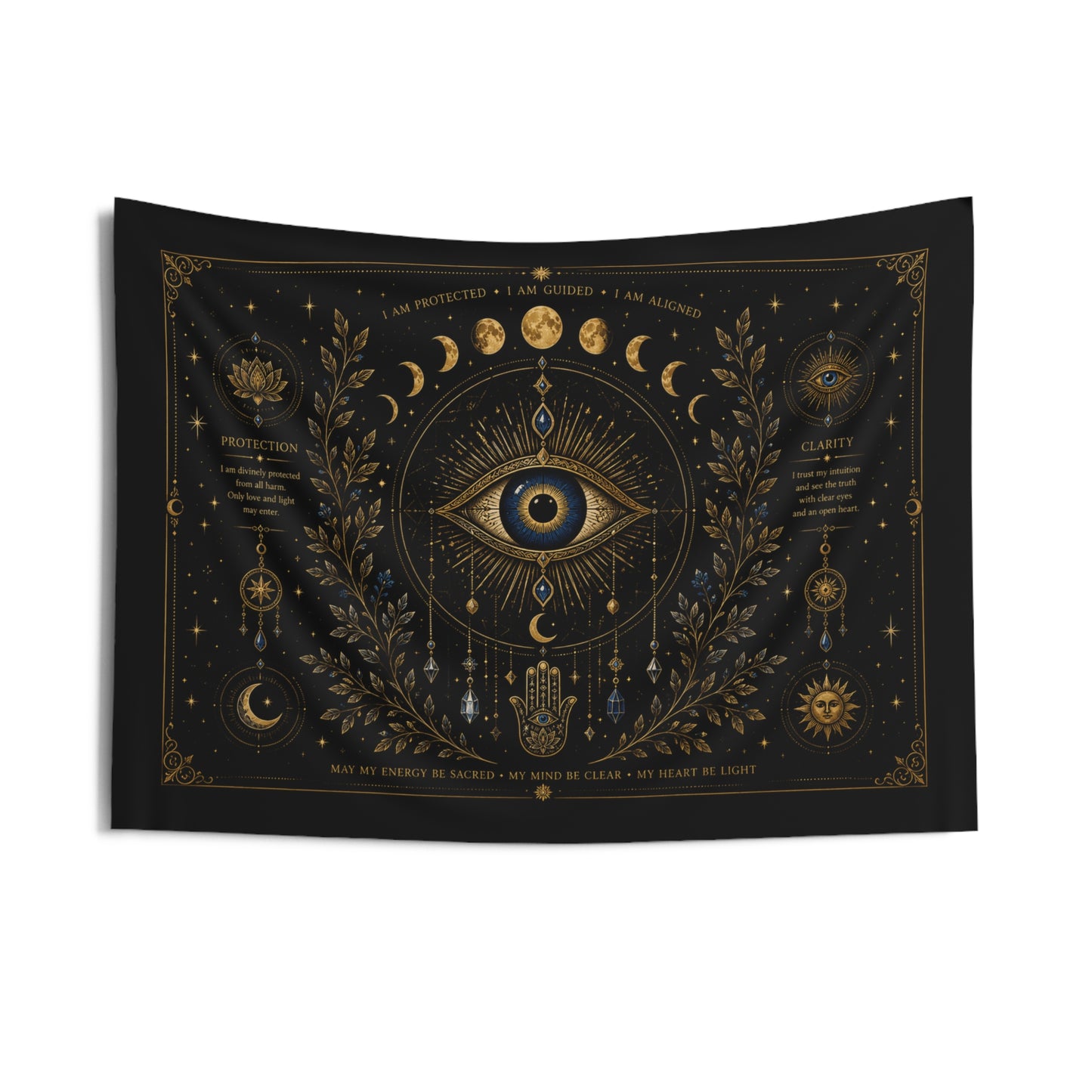 Mystic Third Eye Manifestation Wall Tapestry 36x26”— Gold Celestial Astrology Decor