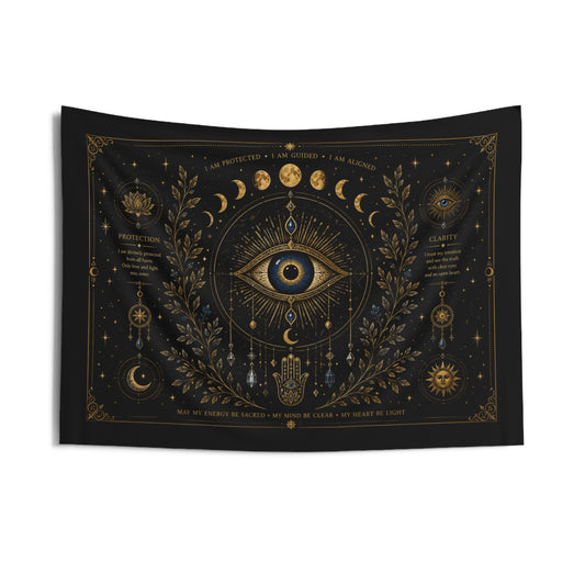 Mystic Third Eye Manifestation Wall Tapestry 36x26”— Gold Celestial Astrology Decor