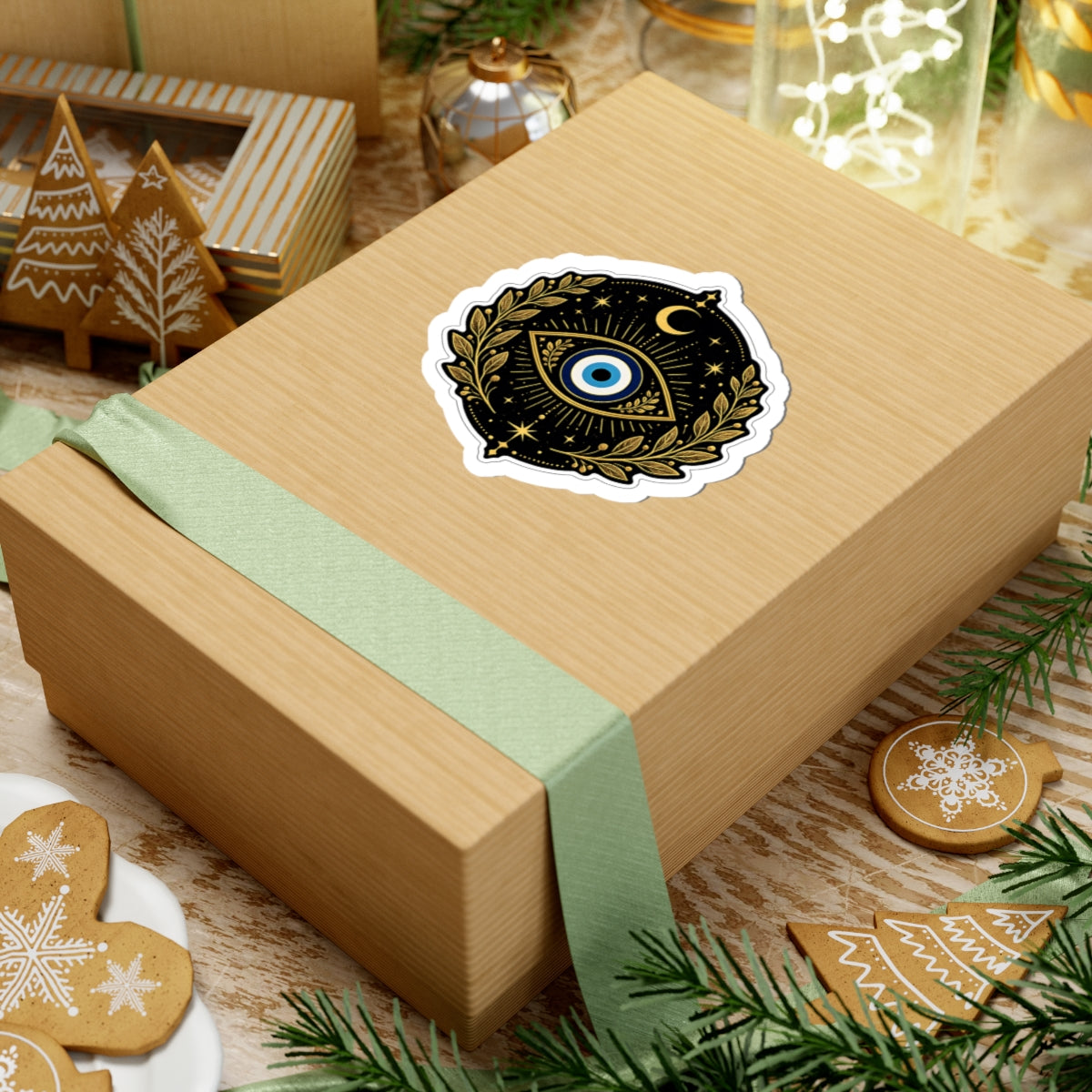 Evil Eye Mystic Sticker — Gold Laurel Celestial Kiss-Cut Vinyl