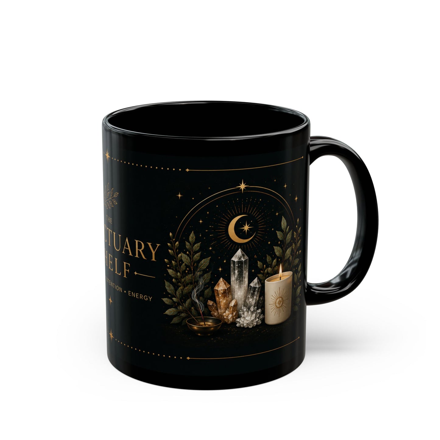 Sanctuary Shelf Black Mug – Crystal & Candle Spiritual Coffee Cup (11oz/15oz)