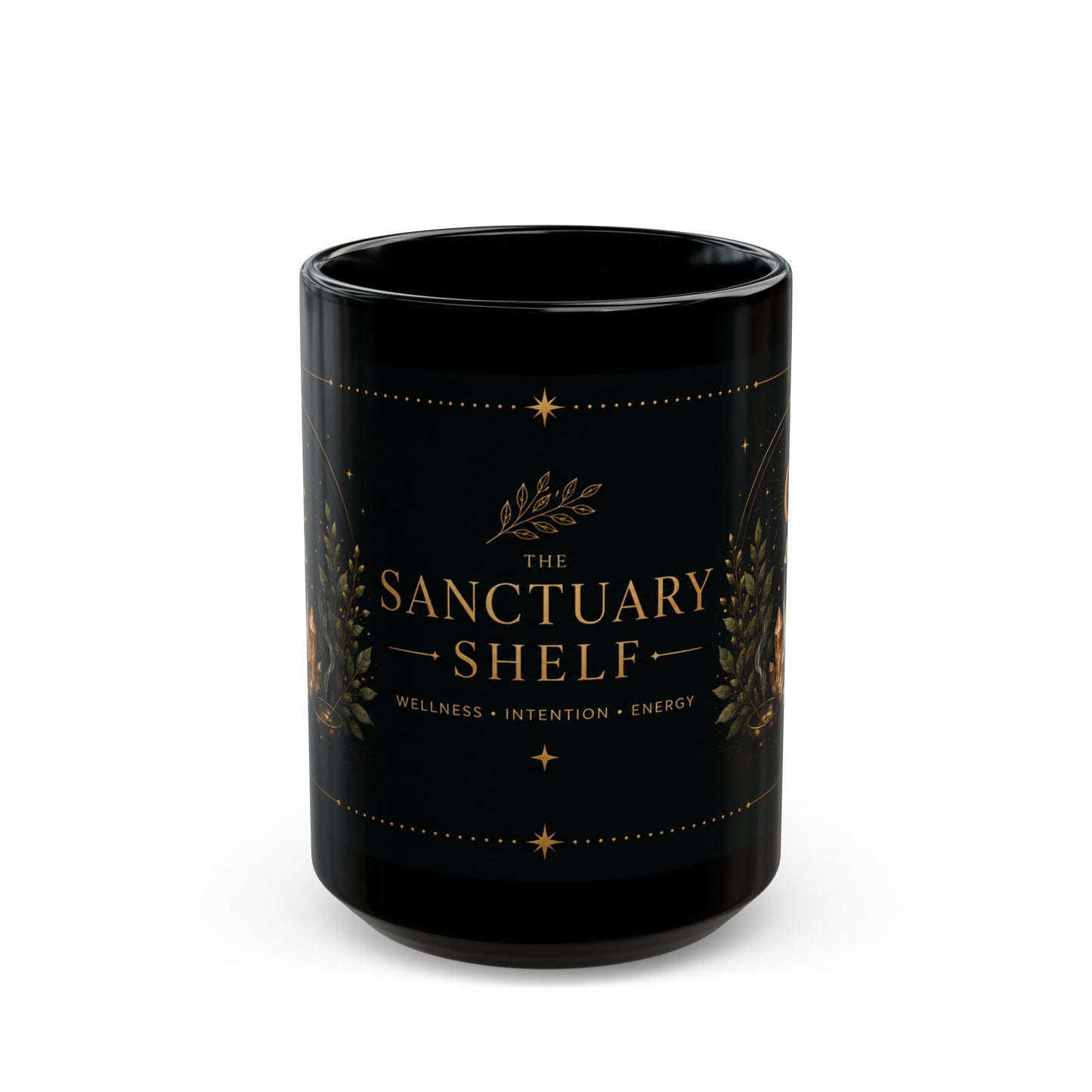 Sanctuary Shelf Black Mug – Crystal & Candle Spiritual Coffee Cup (11oz/15oz)