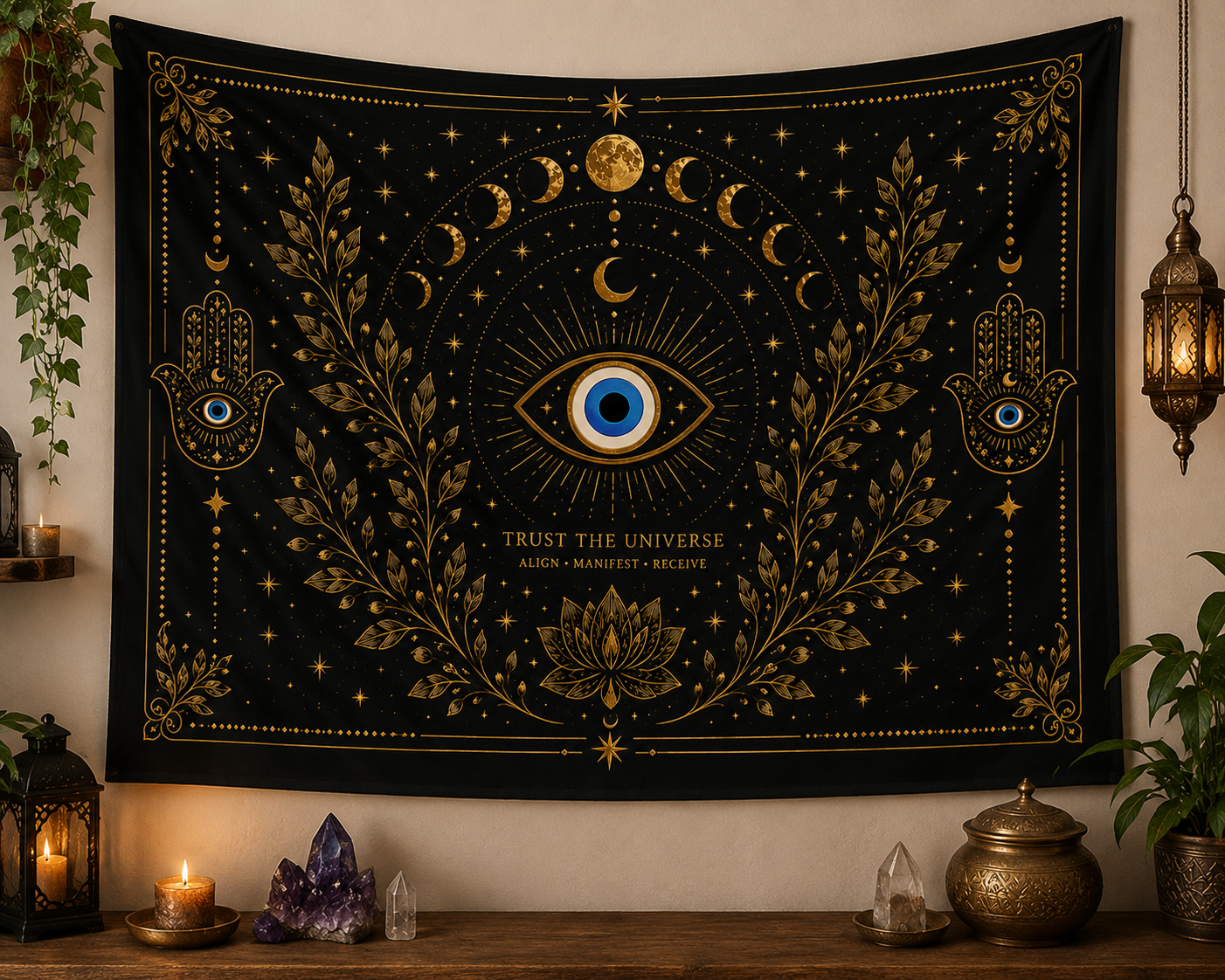 Mystic Eye Wall Tapestry/Altar Cloth 36x26" — Gold Moon Phases & 'Trust the Universe' Boho Decor
