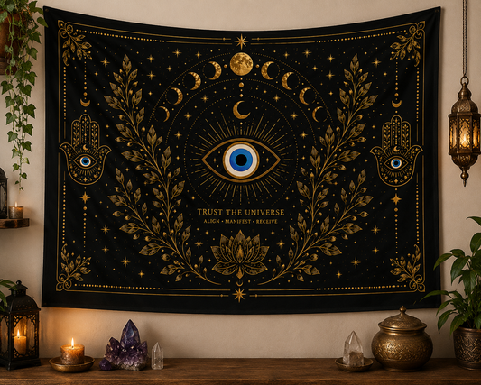 Mystic Eye Wall Tapestry/Altar Cloth 36x26" — Gold Moon Phases & 'Trust the Universe' Boho Decor