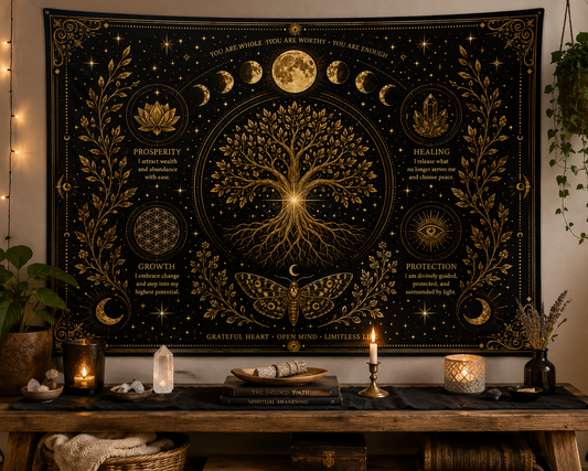 Celestial Tree of Life Tapestry/Altar Cloth 36x26”— Moon Phase Wall Hanging for Meditation & Boho Home Décor