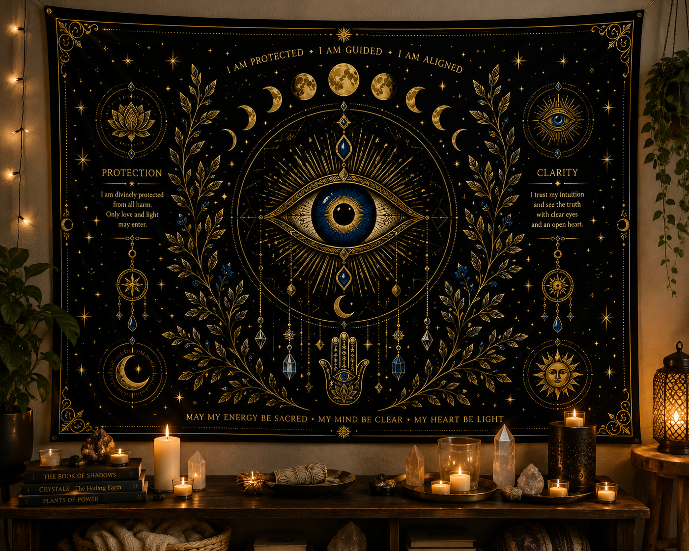 Mystic Third Eye Manifestation Wall Tapestry 36x26”— Gold Celestial Astrology Decor