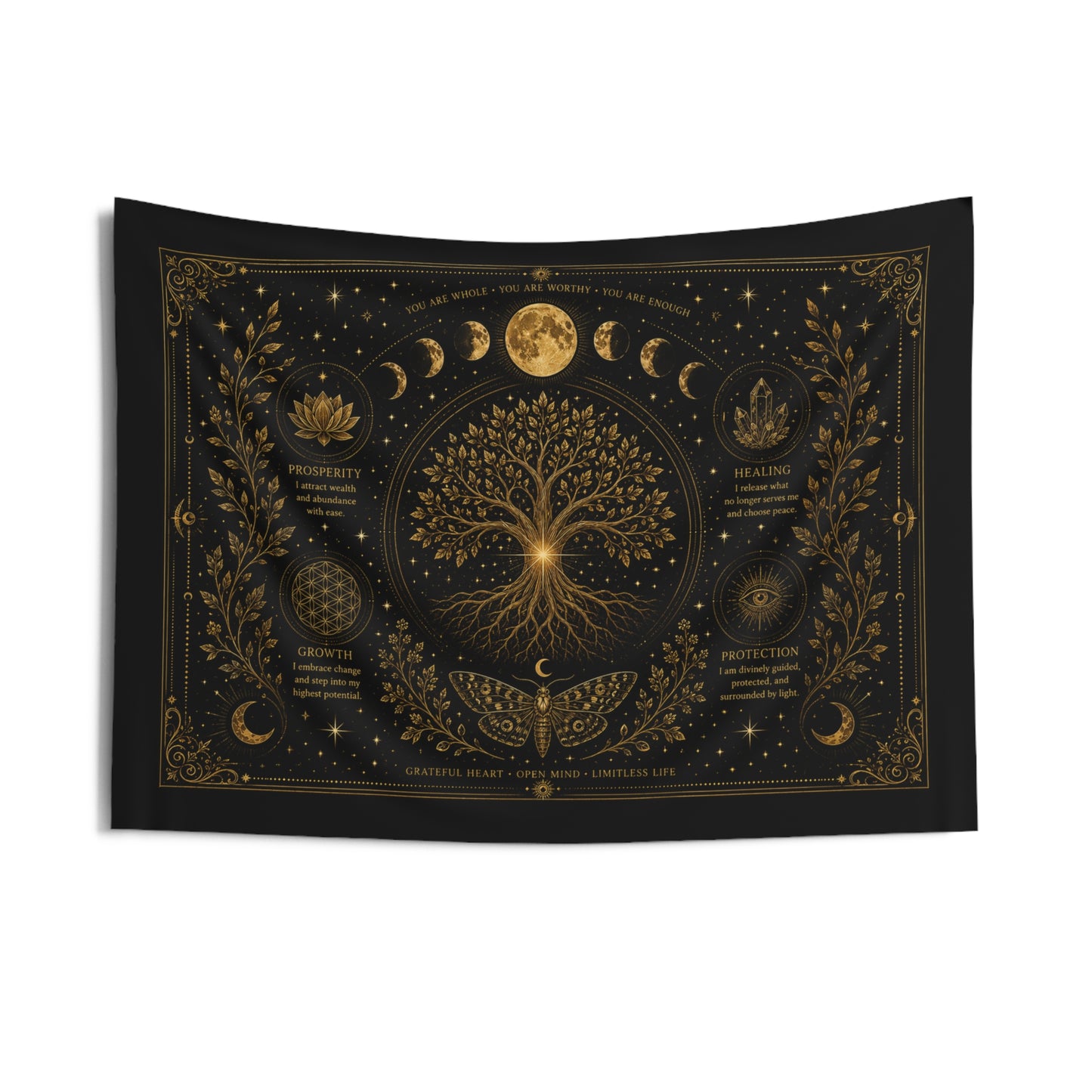 Celestial Tree of Life Tapestry/Altar Cloth 36x26”— Moon Phase Wall Hanging for Meditation & Boho Home Décor