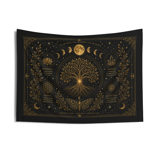 Celestial Tree of Life Tapestry/Altar Cloth 36x26”— Moon Phase Wall Hanging for Meditation & Boho Home Décor