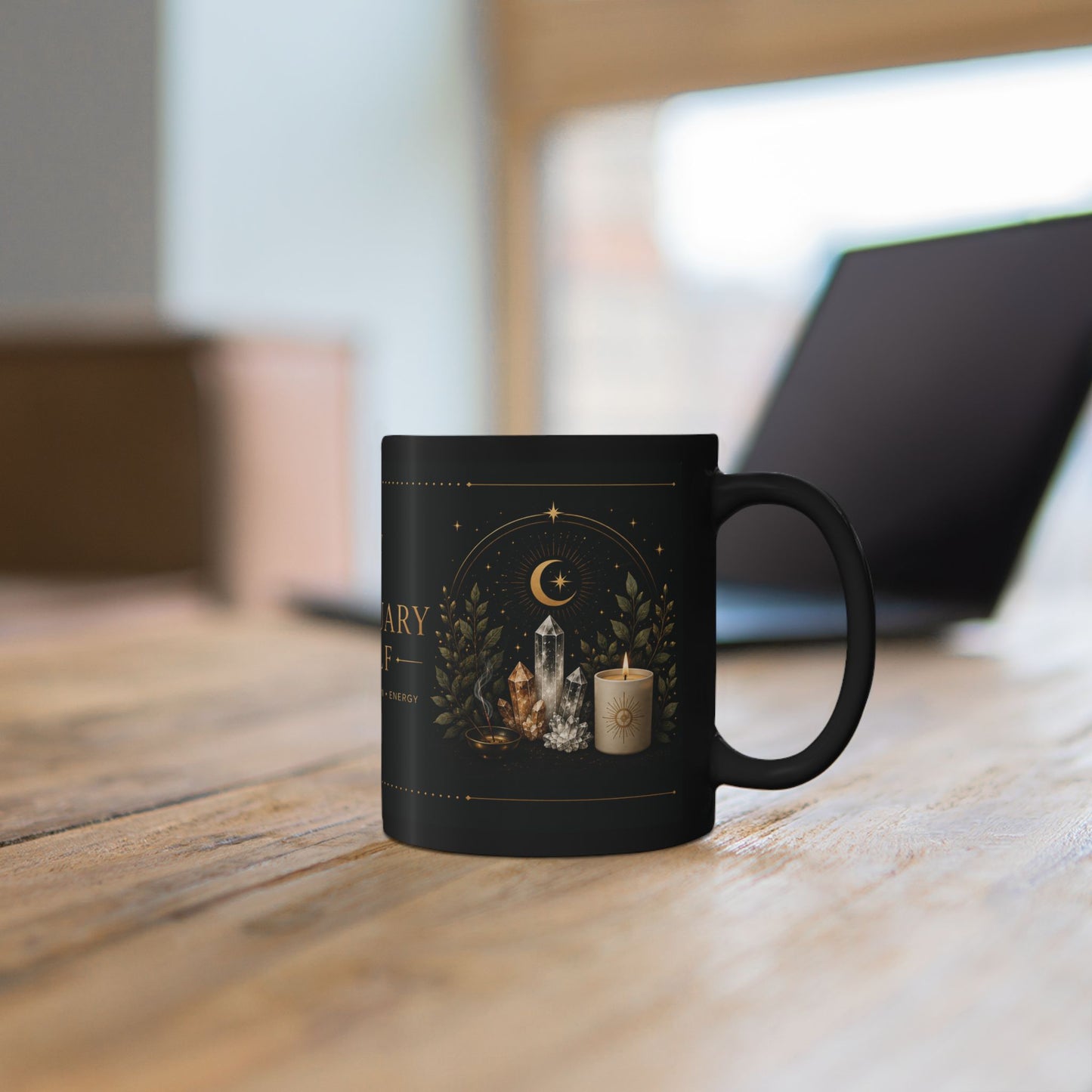 Sanctuary Shelf Black Mug – Crystal & Candle Spiritual Coffee Cup (11oz/15oz)