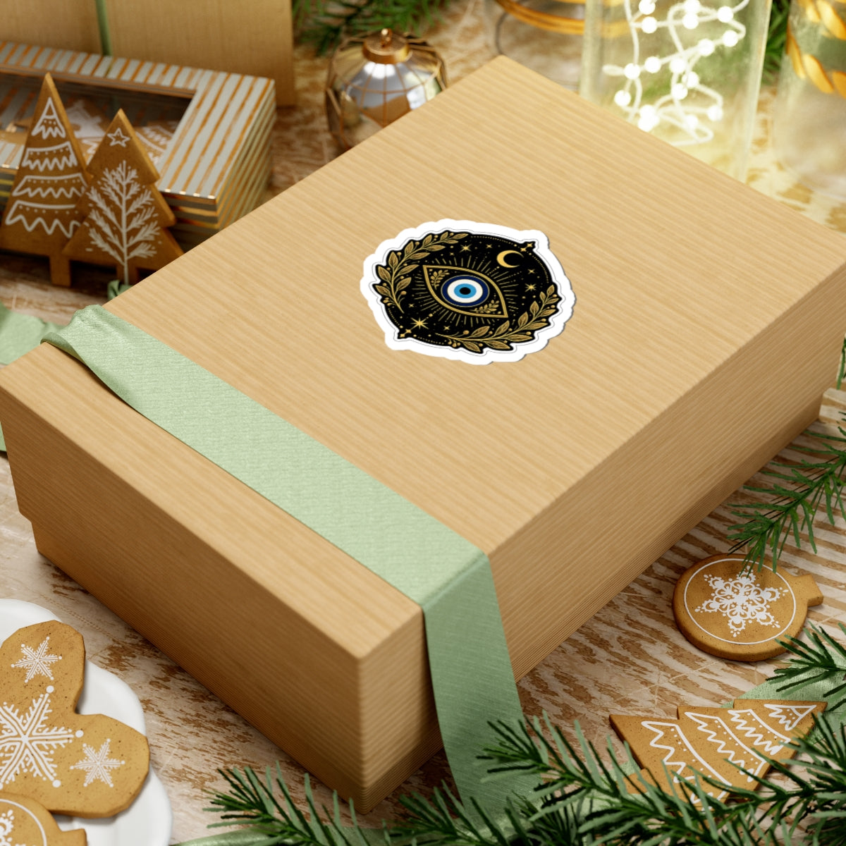 Evil Eye Mystic Sticker — Gold Laurel Celestial Kiss-Cut Vinyl