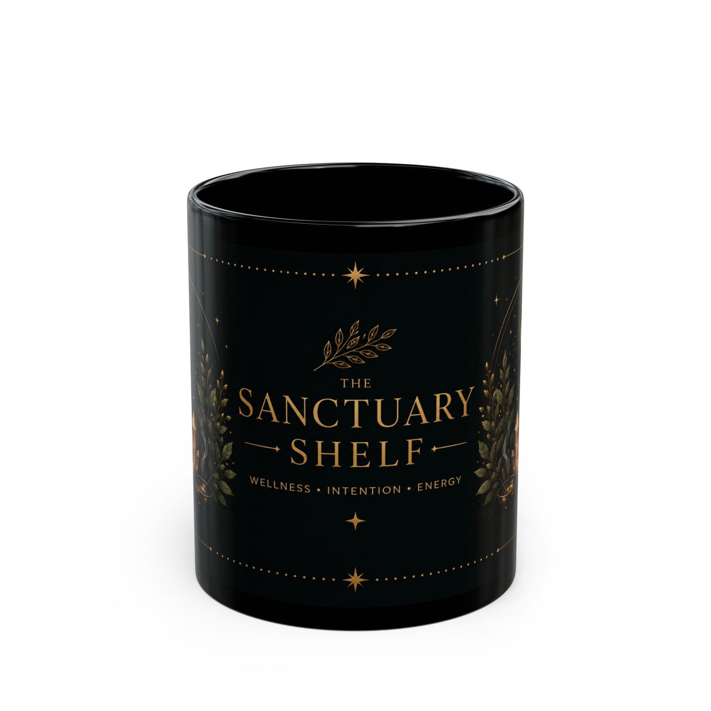 Sanctuary Shelf Black Mug – Crystal & Candle Spiritual Coffee Cup (11oz/15oz)
