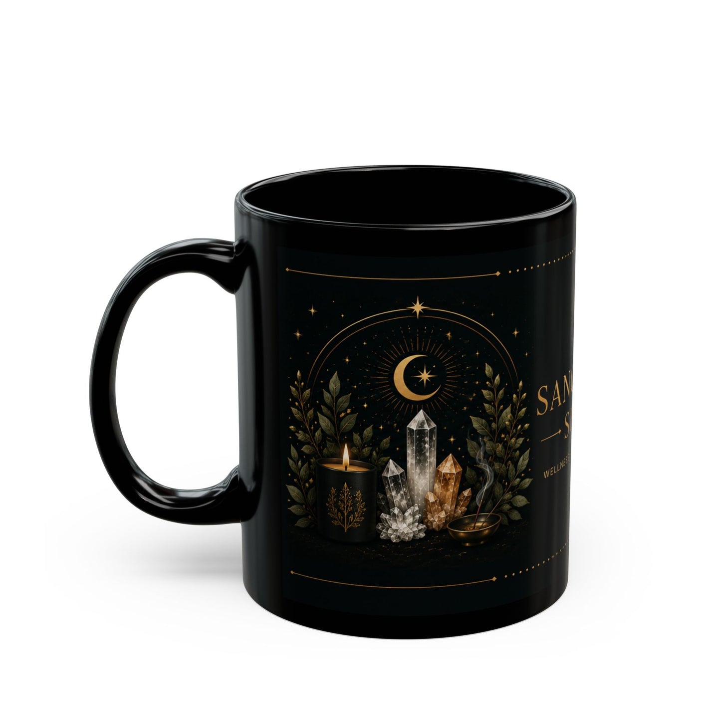 Sanctuary Shelf Black Mug – Crystal & Candle Spiritual Coffee Cup (11oz/15oz)